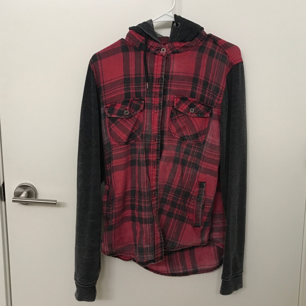 Hooded flannel button down jacket